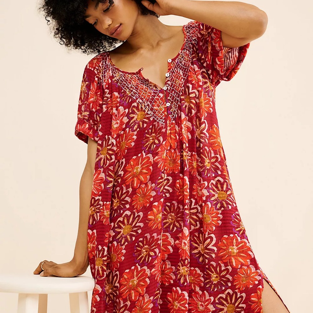 Free People Red and Orange Floral Midi Dress